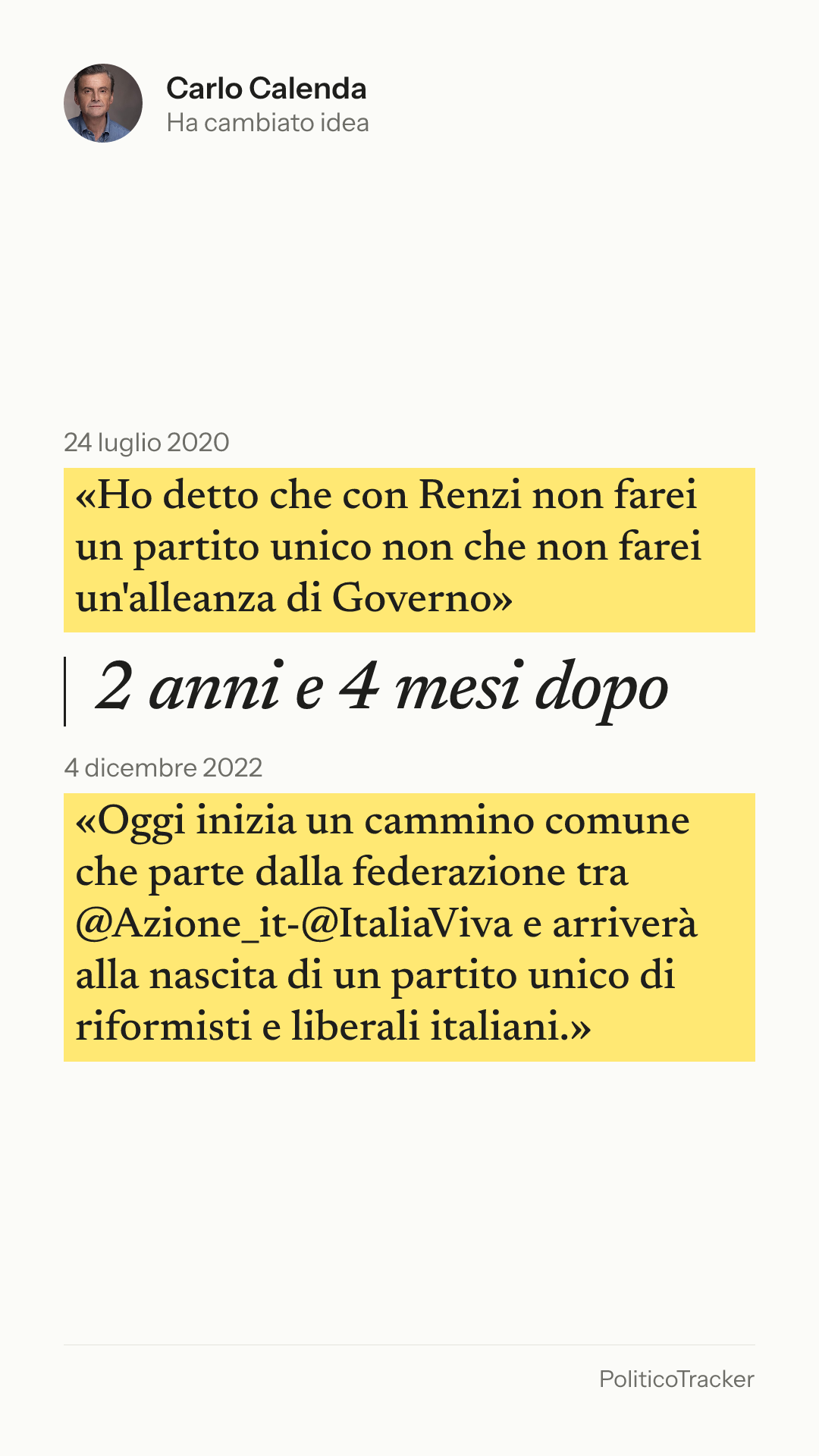 Immagine verticale della card: Carlo Calenda, 24 luglio 2020: «Ho detto che con Renzi non farei un partito unico non che non farei un'alleanza di Governo». 4 dicembre 2022: «Oggi inizia un cammino comune che parte dalla federazione tra @Azione_it-@ItaliaViva e…».