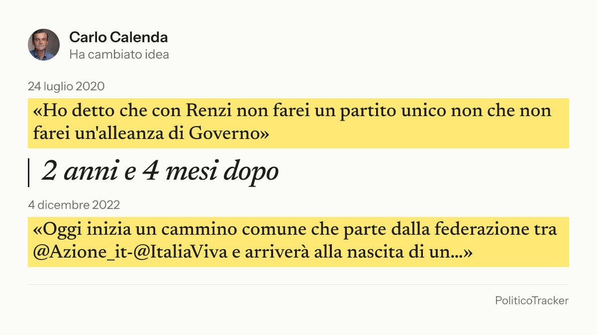 Immagine della card per X e Facebook: Carlo Calenda, 24 luglio 2020: «Ho detto che con Renzi non farei un partito unico non che non farei un'alleanza di Governo». 4 dicembre 2022: «Oggi inizia un cammino comune che parte dalla federazione tra @Azione_it-@ItaliaViva e…».