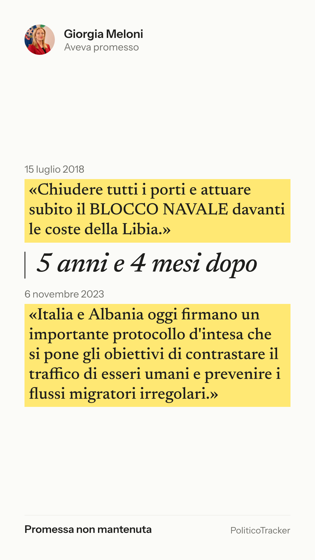 Immagine verticale della card: Giorgia Meloni, 15 luglio 2018: «Chiudere tutti i porti e attuare subito il BLOCCO NAVALE davanti le coste…». 6 novembre 2023: «Italia e Albania oggi firmano un importante protocollo d'intesa che si pone…». Promessa non mantenuta.