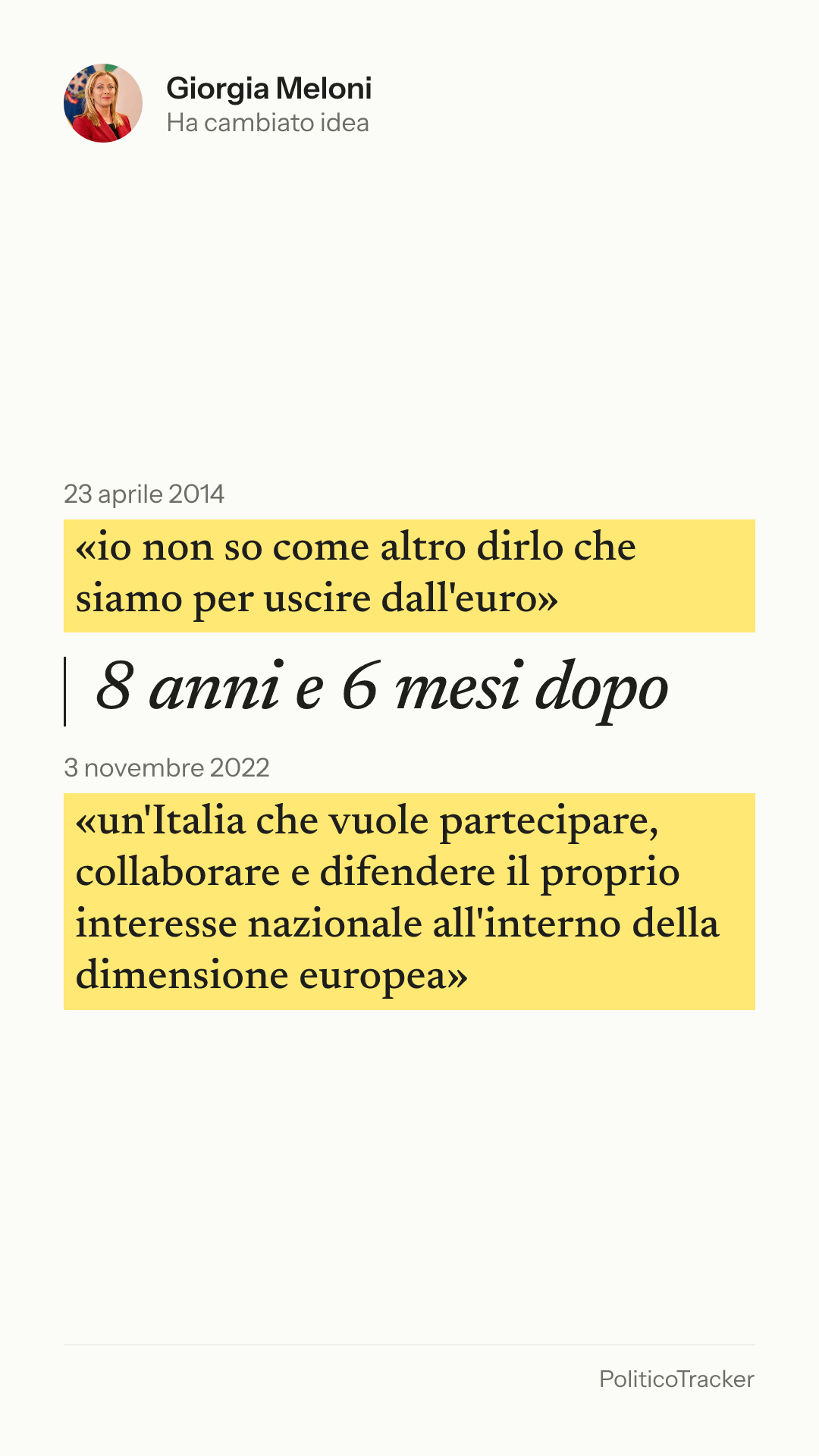 Immagine verticale della card: Giorgia Meloni, 23 aprile 2014: «io non so come altro dirlo che siamo per uscire dall'euro». 3 novembre 2022: «un'Italia che vuole partecipare, collaborare e difendere il proprio interesse nazionale all'interno della…».