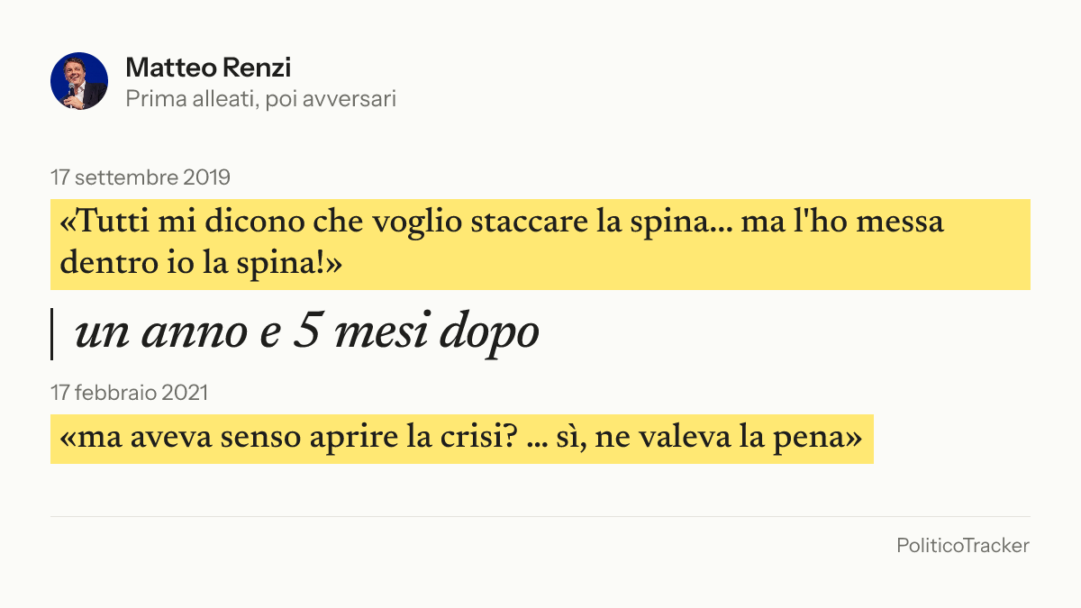 Immagine della card per X e Facebook: Matteo Renzi, 17 settembre 2019: «Tutti mi dicono che voglio staccare la spina... ma l'ho messa dentro io la spina!». 17 febbraio 2021: «ma aveva senso aprire la crisi? … sì, ne valeva la pena».