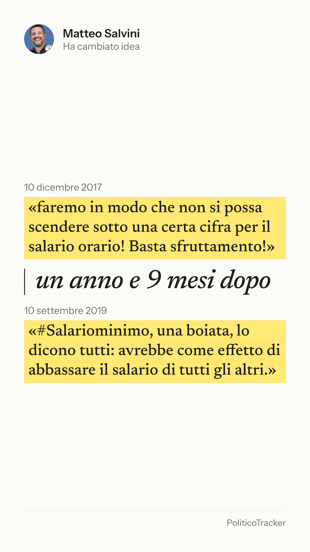 Immagine verticale della card: Matteo Salvini, 10 dicembre 2017: «faremo in modo che non si possa scendere sotto una certa cifra per il salario orario!…». 10 settembre 2019: «#Salariominimo, una boiata, lo dicono tutti: avrebbe come effetto di abbassare il…».